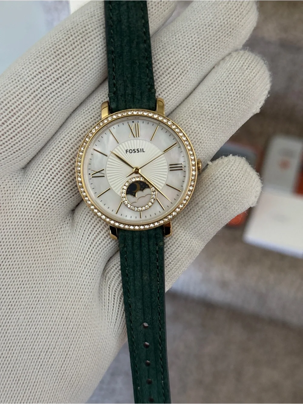 Fossil Women's Jacqueline Moonphase Green Leather Strap Gold Crystal Dial Watch
